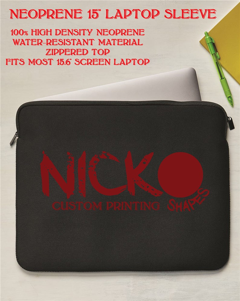 May include: Black neoprene 15-inch laptop sleeve with a red logo and text. Features a zippered top and is made of water-resistant material. Fits most 15.6-inch screen laptops. The text on the sleeve reads "NICKO CUSTOM PRINTING SHAPES".
