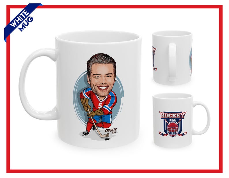 Personalized Ice Hockey Mug, Custom Caricature Hockey Cup, Perfect Gift For Hockey Champion, Customized Mug For Him, Custom Caricature Gift White Mug