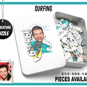 Personalized Surfing Caricature Puzzle, Custom Surfer Puzzle with Box, Custom Jigsaw Puzzle, Perfect Birthday Gift, 5 Sizes Available
