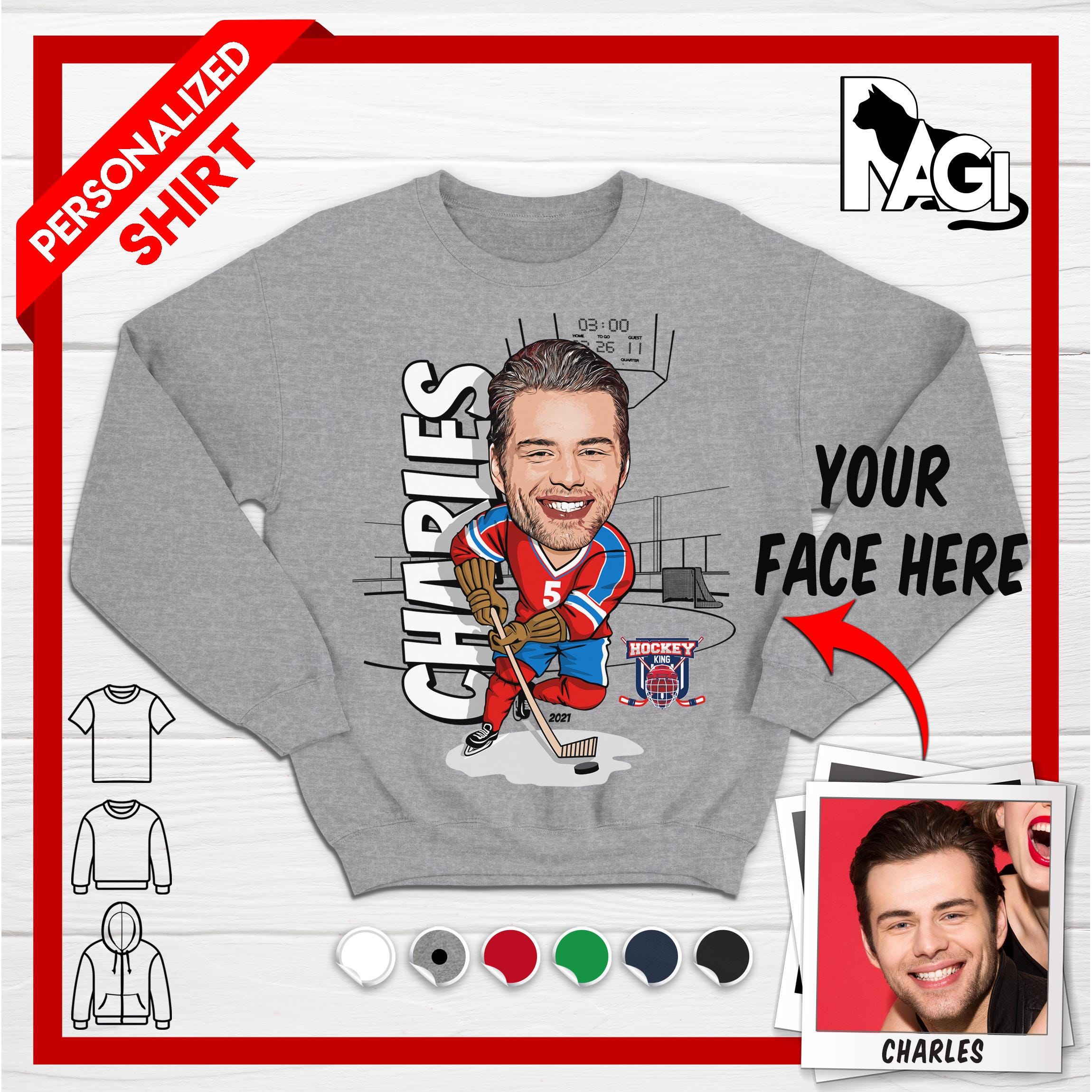 Custom Ice Hockey Sweatshirt – Create Your Caricature Sweater – Personalized Team Name & Logo – Perfect Gift for Hockey Fans– Hockey Goalie