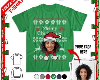 May include: A green short-sleeved t-shirt featuring a white knitted-style pattern with snowflakes, reindeer, and the text Merry Christmas. The center displays a graphic of a person wearing a Santa hat and scarf, with a photo placeholder below.