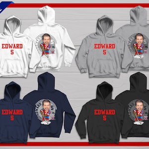 May include: A set of ten hooded sweatshirts in various colors, each featuring a cartoon hockey player with the name "Edward 5" printed on the front. The sweatshirts are available in white, gray, navy blue, and black.