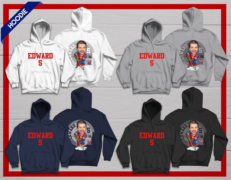 May include: A set of ten hooded sweatshirts in various colors, each featuring a cartoon hockey player with the name "Edward 5" printed on the front. The sweatshirts are available in white, gray, navy blue, and black.