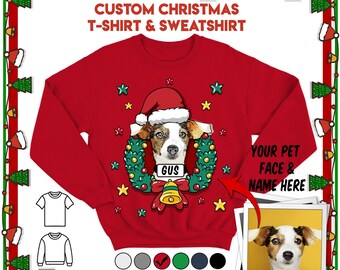 Custom Pet Photo Christmas Sweatshirt - Personalized Dog-Cat Gift with Festive Wreath Design