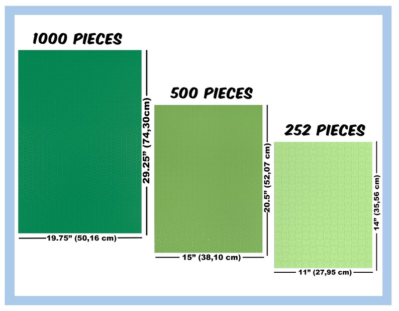 May include: A comparison chart showing the different sizes of jigsaw puzzles. The chart shows three puzzles with 1000, 500, and 252 pieces. The puzzles are green, light green, and pale green, respectively. The chart also shows the dimensions of each puzzle in inches and centimeters.