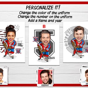 May include: Three personalized hockey player cartoon illustrations. Each illustration features a different player with a unique name and number on their jersey. The illustrations are set against a white background.