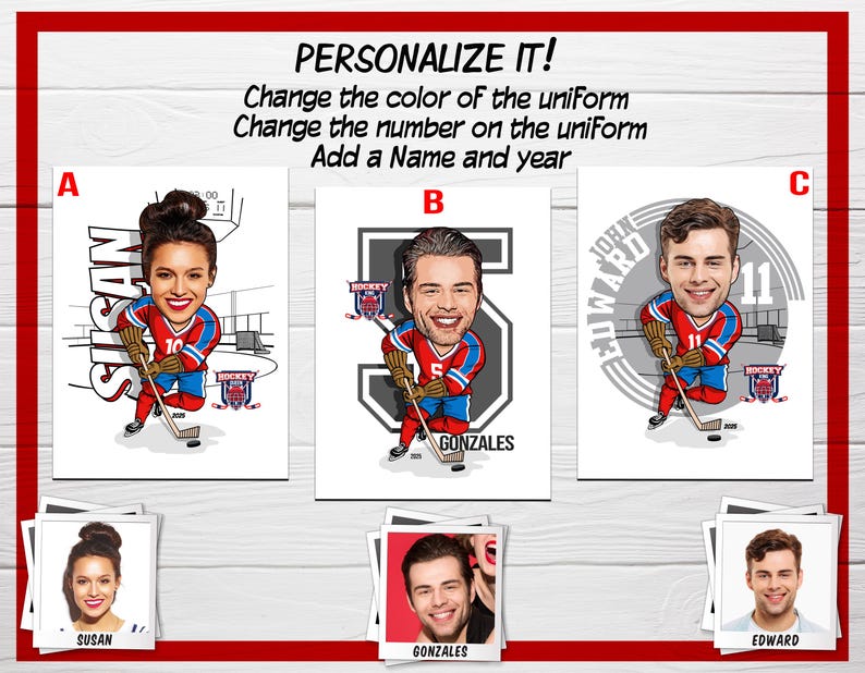 May include: Three personalized hockey player cartoon illustrations. Each illustration features a different player with a unique name and number on their jersey. The illustrations are set against a white background.