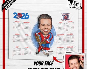 Personalized Ice Hockey 2026 Calendar, Custom Baseball, Golf, Tennis, Football, Basketball, Surf, Soccer, Hockey Tapestry Calendar for 2026