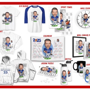 Puede incluir: Una colecci&oacute;n de productos con una ilustraci&oacute;n de un jugador de f&uacute;tbol americano. Incluye camisetas, camiseta de manga 3/4, sudadera, sudadera con capucha, toalla deportiva, reloj de pared, calendario, impresi&oacute;n en lienzo, botella, taza de caf&eacute; y rompecabezas.