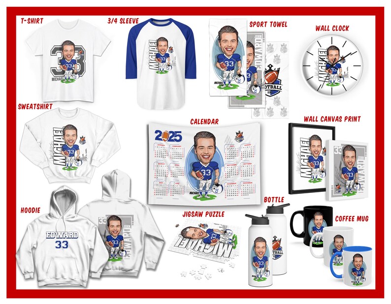 Puede incluir: Una colecci&oacute;n de productos con una ilustraci&oacute;n de un jugador de f&uacute;tbol americano. Incluye camisetas, camiseta de manga 3/4, sudadera, sudadera con capucha, toalla deportiva, reloj de pared, calendario, impresi&oacute;n en lienzo, botella, taza de caf&eacute; y rompecabezas.