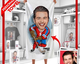 Personalized Ice Hockey Sports Towel Custom Caricature Gift