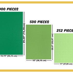 May include: Three different sized jigsaw puzzles with the number of pieces and dimensions listed. The largest puzzle is green, the medium puzzle is light green, and the smallest puzzle is light green with a white grid pattern.