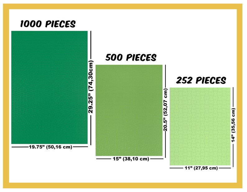May include: Three different sized jigsaw puzzles with the number of pieces and dimensions listed. The largest puzzle is green, the medium puzzle is light green, and the smallest puzzle is light green with a white grid pattern.