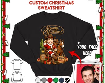 Personalized Cowboy Christmas Sweatshirt, Custom TX Cowboy Santa Photo Tee, Texas Gift