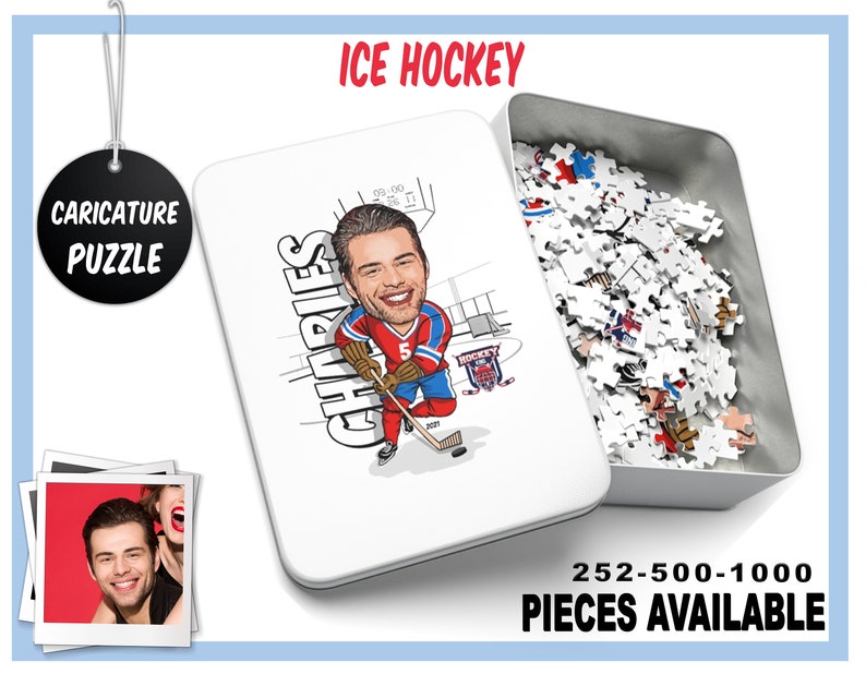May include: A caricature puzzle in a white tin box with a cartoon image of a hockey player. The player is wearing a red, white, and blue jersey with the name "CHARLES" on the back. The puzzle is available in 252, 500, and 1000 pieces.