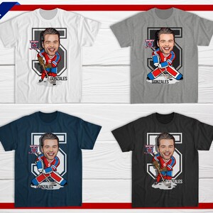 May include: Four different color t-shirts featuring a cartoon hockey player with the number 5 and the name "Gonzales" printed on the front.