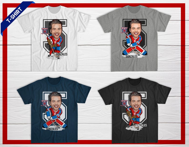 May include: Four different color t-shirts featuring a cartoon hockey player with the number 5 and the name "Gonzales" printed on the front.
