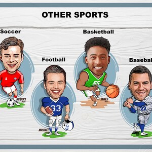 May include: A digital illustration of four cartoon athletes playing different sports. The illustration is set against a woodgrain background. The sports depicted are soccer, football, basketball, and baseball.