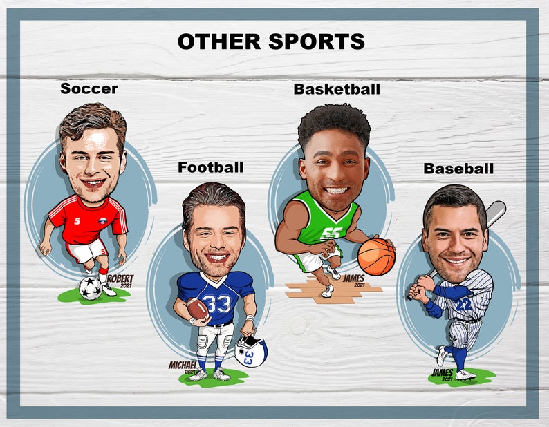May include: A digital illustration of four cartoon athletes playing different sports. The illustration is set against a woodgrain background. The sports depicted are soccer, football, basketball, and baseball.
