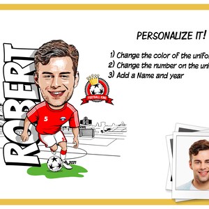 May include: A cartoon illustration of a soccer player wearing a red and white jersey with the number 5 on it. The player is holding a soccer ball and is standing on a green field. The text "ROBERT" is written in large letters to the left of the player. The text "2021" is written below the player. The text "PERSONALIZE IT!" is written at the top of the image. The text "1) Change the color of the uniform 2) Change the number on the uniform 3) Add a Name and year" is written below the text "PERSONALIZE IT!". The text "FOOTBALL KING" is written on a red ribbon with a gold crown above it.