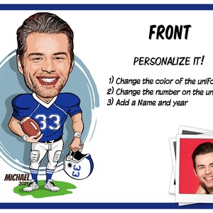 Puede incluir: Ilustraci&oacute;n de dibujos animados de un jugador de f&uacute;tbol americano con uniforme azul con el n&uacute;mero 33. La imagen incluye el texto "FRONT" y "&iexcl;PERSONAL&Iacute;ZALO!" con opciones para personalizar el color del uniforme, el n&uacute;mero y agregar un nombre y a&ntilde;o.