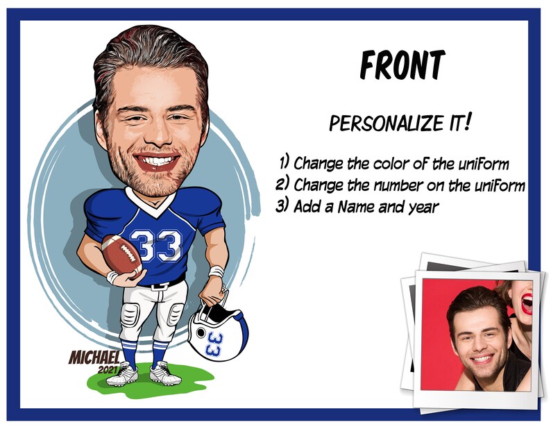 Puede incluir: Ilustraci&oacute;n de dibujos animados de un jugador de f&uacute;tbol americano con uniforme azul con el n&uacute;mero 33. La imagen incluye el texto "FRONT" y "&iexcl;PERSONAL&Iacute;ZALO!" con opciones para personalizar el color del uniforme, el n&uacute;mero y agregar un nombre y a&ntilde;o.
