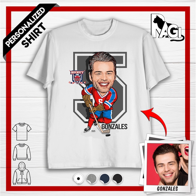May include: Personalized white t-shirt with a cartoon illustration of a hockey player wearing a red and blue jersey with the number 5. The player is holding a hockey stick and is standing in front of a gray number 5. The text "GONZALES" is printed below the player. The t-shirt is available in white, gray, navy, and black.