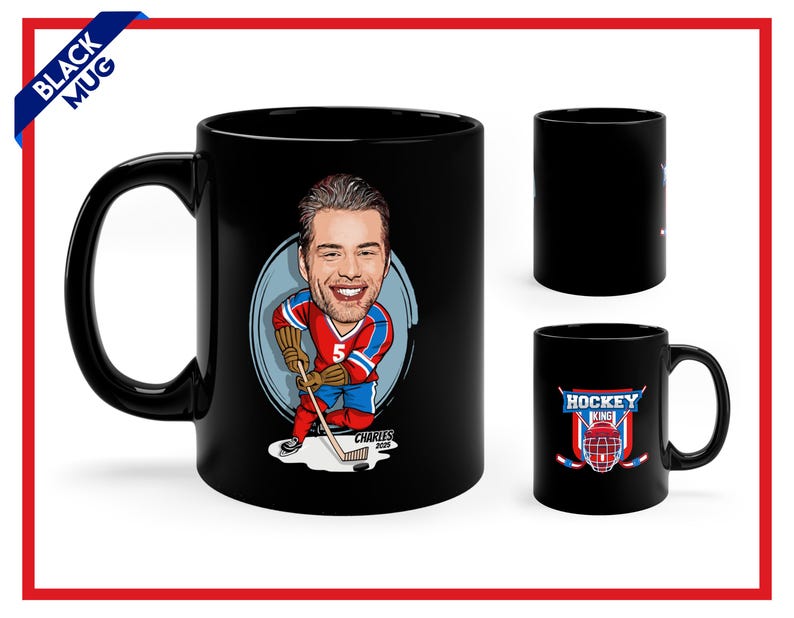 Personalized Ice Hockey Mug, Custom Caricature Hockey Cup, Perfect Gift For Hockey Champion, Customized Mug For Him, Custom Caricature Gift Black Mug