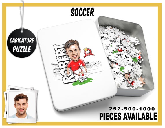 Personalized Soccer Caricature Puzzle, Custom Football Puzzle with Box, Custom Jigsaw Puzzle, Birthday Gift for Him, 5 Sizes Available