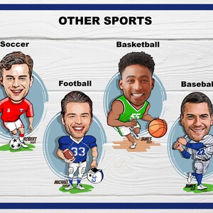 Puede incluir: Una ilustraci&oacute;n de dibujos animados que presenta cuatro deportes diferentes: f&uacute;tbol, f&uacute;tbol americano, baloncesto y b&eacute;isbol. Cada deporte est&aacute; representado por una caricatura de una persona con su uniforme respectivo, con el nombre del deporte encima de cada imagen. El texto "OTHER SPORTS" est&aacute; en la parte superior.
