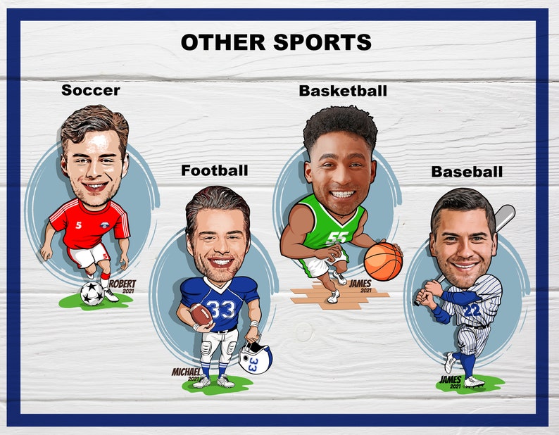 Puede incluir: Una ilustraci&oacute;n de dibujos animados que presenta cuatro deportes diferentes: f&uacute;tbol, f&uacute;tbol americano, baloncesto y b&eacute;isbol. Cada deporte est&aacute; representado por una caricatura de una persona con su uniforme respectivo, con el nombre del deporte encima de cada imagen. El texto "OTHER SPORTS" est&aacute; en la parte superior.