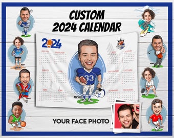 Calendario personalizado de fútbol 2024, calendario personalizado de baloncesto/voleibol/tenis/béisbol/golf/surf/fútbol/hockey para 2024