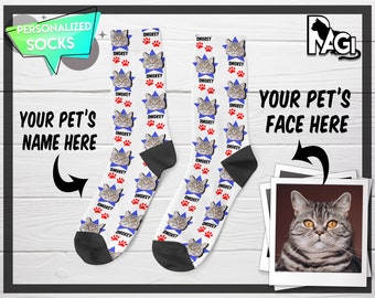 Calcetines cat personalizados, calcetines de fotos de gato personalizados, regalo personalizado de la mamá del gato, calcetines personalizados de la cara del animal doméstico con la foto y el texto, idea del regalo del cumpleaños