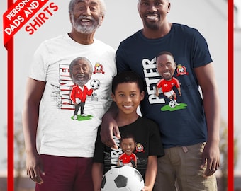 May include: Three people wearing personalized soccer shirts. The shirts feature cartoon illustrations of each person with their names. The shirts are white, navy blue, and black. The image includes the text "Personalized Dads and Sons Shirts".