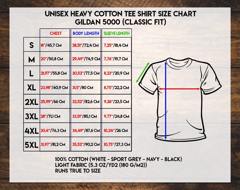 May include: A unisex heavy cotton tee shirt size chart for Gildan 5000 (Classic Fit). The chart includes chest, body length, and sleeve length measurements in inches and centimeters for sizes S through 5XL. The shirt is made of 100% cotton and is available in white, sport grey, navy, and black.