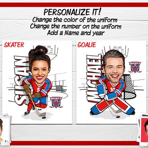 May include: Two personalized hockey player illustrations. The skater is wearing a red, white, and blue uniform with the name "Susan" and the number "5". The goalie is wearing a red, white, and blue uniform with the name "Michael" and the number "10".