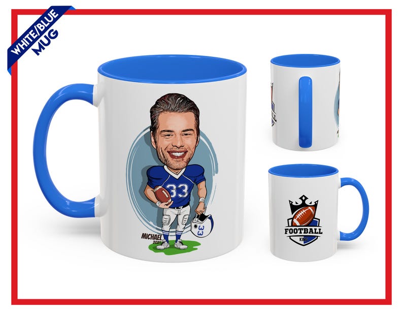 Puede incluir: Taza blanca y azul con asa e interior azules. La taza presenta una ilustraci&oacute;n de dibujos animados de un jugador de f&uacute;tbol americano con el n&uacute;mero 33. La taza tambi&eacute;n tiene el texto "Football Kings" y un gr&aacute;fico de f&uacute;tbol americano.