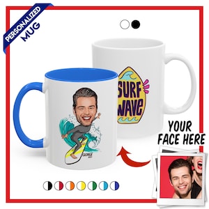 Personalized Surf Mug, Custom Caricature Surfer Cup, Perfect Gift For Surf Champion, Customized Mug For Him, Custom Caricature Surf Mug Gift
