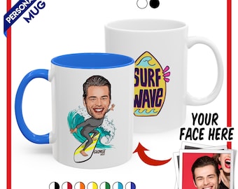 Personalized Surf Mug, Custom Caricature Surfer Cup, Perfect Gift For Surf Champion, Customized Mug For Him, Custom Caricature Surf Mug Gift