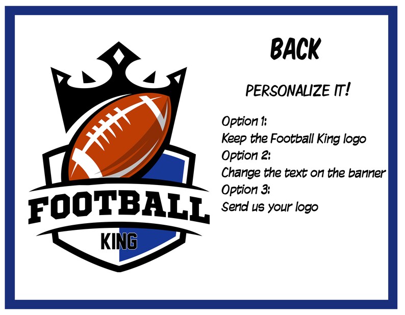 Puede incluir: Un logotipo con un bal&oacute;n de f&uacute;tbol y una corona, las palabras "FOOTBALL KING" y el texto "&iexcl;PERSONAL&Iacute;ZALO!" El dise&ntilde;o ofrece opciones para mantener el logotipo, cambiar el texto del banner o enviar un logotipo personalizado. La paleta de colores incluye negro, blanco, azul y marr&oacute;n.