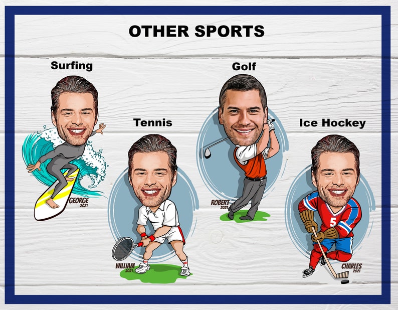 Puede incluir: Una impresi&oacute;n enmarcada con ilustraciones de dibujos animados de hombres practicando deportes. Los deportes incluyen surf, tenis, golf y hockey sobre hielo. El texto "OTHER SPORTS" est&aacute; en la parte superior. Los nombres de los hombres y el a&ntilde;o 2021 tambi&eacute;n est&aacute;n incluidos.