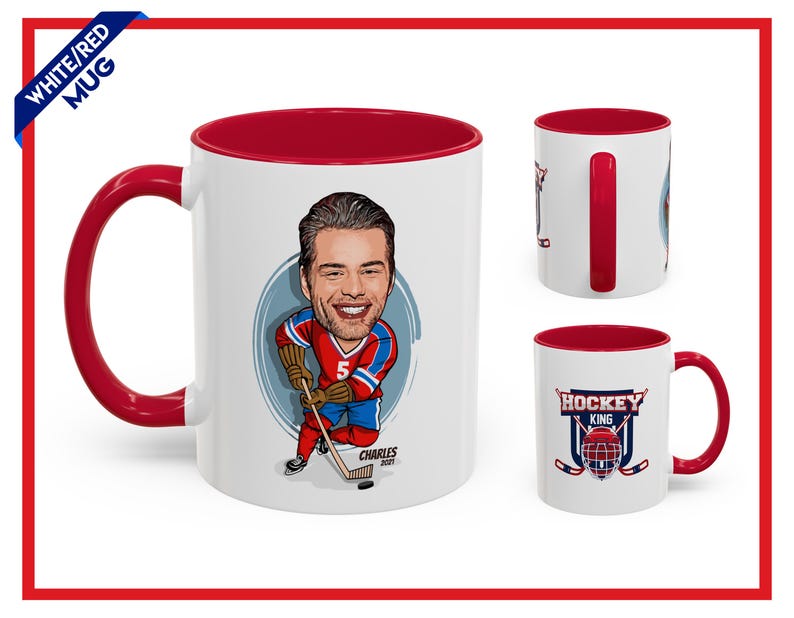 Personalized Ice Hockey Mug, Custom Caricature Hockey Cup, Perfect Gift For Hockey Champion, Customized Mug For Him, Custom Caricature Gift Two Colors Mug