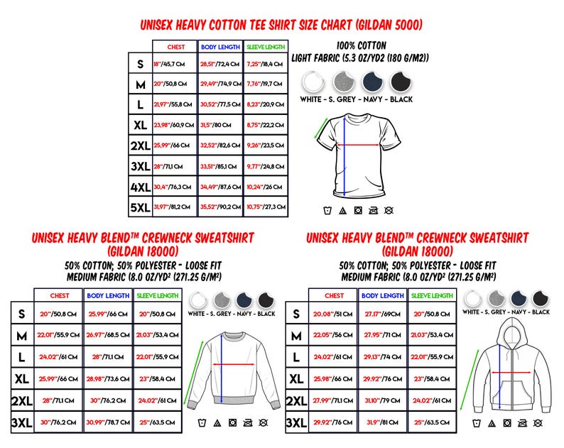 May include: Size chart for unisex t-shirts and sweatshirts. The chart shows chest, body length, and sleeve length measurements in inches and centimeters for sizes S through 5XL. The chart also includes fabric details and color options.