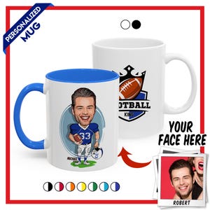 Puede incluir: Taza de cer&aacute;mica blanca con interior y asa azules. La taza presenta una ilustraci&oacute;n de dibujos animados de un jugador de f&uacute;tbol americano y el texto "Football King". La taza est&aacute; personalizada con el texto "Michael".