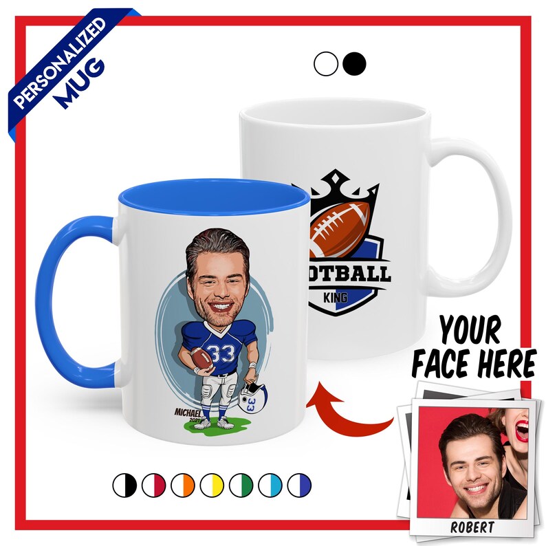 Puede incluir: Taza de cer&aacute;mica blanca con interior y asa azules. La taza presenta una ilustraci&oacute;n de dibujos animados de un jugador de f&uacute;tbol americano y el texto "Football King". La taza est&aacute; personalizada con el texto "Michael".