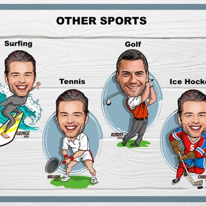 May include: Illustration of four men participating in different sports: surfing, tennis, golf, and ice hockey. Each man is depicted in a caricature style with exaggerated features. The background is a wood-grain pattern.