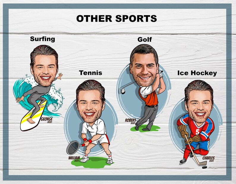 May include: Illustration of four men participating in different sports: surfing, tennis, golf, and ice hockey. Each man is depicted in a caricature style with exaggerated features. The background is a wood-grain pattern.