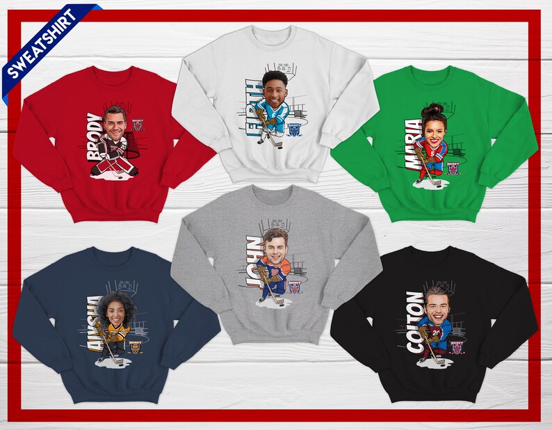 May include: Set of ten colorful sweatshirts with cartoon hockey players and their names. The sweatshirts are in red, white, green, gray, and black.