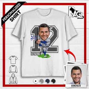 May include: White t-shirt with a baseball player caricature. The design includes the number 12, the name "Gonzales", and a baseball bat. The shirt has the text "PERSONALIZED SHIRT" in the upper left corner.