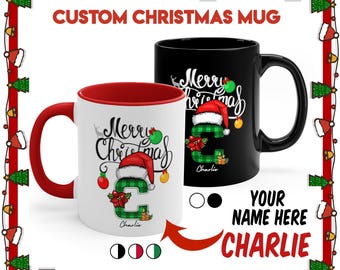 Taza personalizada con nombre, taza de café navideña con inicial, regalo de amigo secreto de Feliz Navidad, taza navideña con gorro de Papá Noel, taza de té navideña